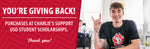 Image of guy in black tee holding up the Yote hand sign and a red graphic that says, 'You're Giving Back! Purchases at Charlie's support USD student scholarships. Thank you!'