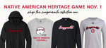 Graphic with red text 'NATIVE AMERICAN HERITAGE GAME NOV. 1 shop the sungmanitu collection now,' with image of two black sweathshirts, a gray tee and a gray long-sleeve with the word sungmanitu on them. 