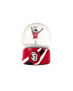 Snow Globe featuring Charlie Coyote holding up 1 paw and pointing with the other while wearing a red a football jersey. The base is red white a white and black stripe diagonal behind the SD logo.