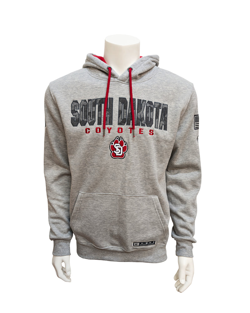 Heather gray unisex hoodie with red hood lining and string and tackle twill camo lettering across chest, 'SOUTH DAKOTA,' with red, 'COYOTES,' below and red, black and white SD Paw logo. Flag patch and and Operation Hat Trick logo on upper left sleeve.