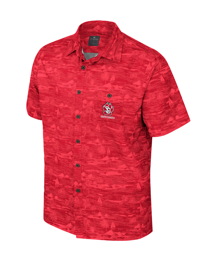 Red tropical patterned button up with full color SD Paw logo on upper left chest pocket