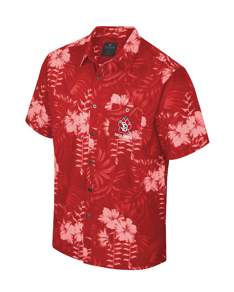 Red tropical floral print button up with full color SD Paw logo on upper left chest.