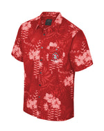 Red tropical floral print button up with full color SD Paw logo on upper left chest.