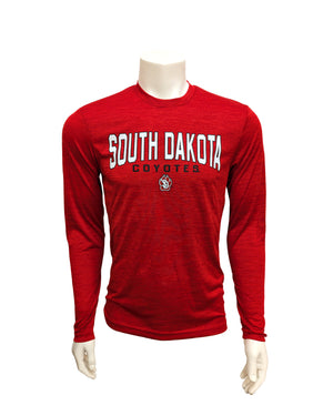 Red Colosseum Men's Long Sleeve tee with white and black, 'SOUTH DAKOTA COYOTES' across chest and SD Paw logo small underneath.