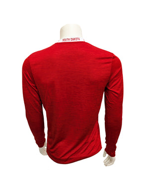 Back of red Colosseum Men's long sleeve tee with, 'SOUTH DAKOTA' across back neckline in red with white background.