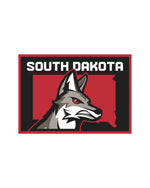 3x5ft black flag with red border and red state of South Dakota with large coyote head in the middle and white text above, 'SOUTH DAKOTA.'