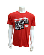 Red unisex tee with text, 'University of South Dakota 1862,' in thin white banner and large block text below, 'DAKOTA DAYS,' that features photos in black and white of past D-Days celebrations including parade floats, football players and crowds at the game and then a small white flag graphic to the right that says, '110 years.'