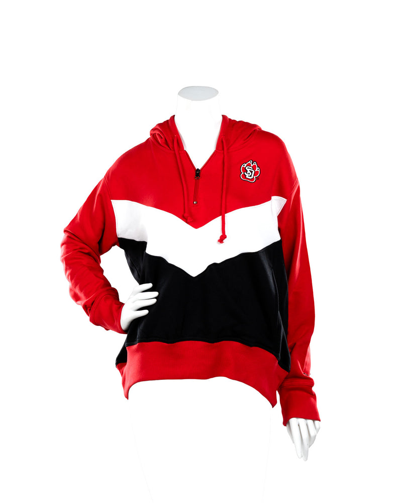 Red hoodie with white and black chevron blocks and SD paw on top left chest