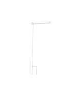 White garden flag stand hanger that pokes into ground with two metal prongs