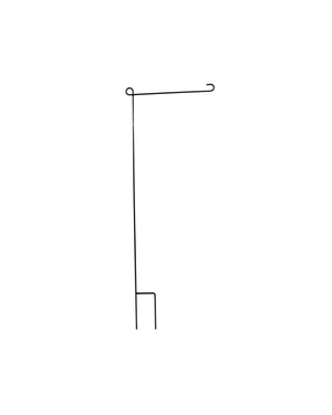 Black metal garden flag stand that goes into the ground with prongs
