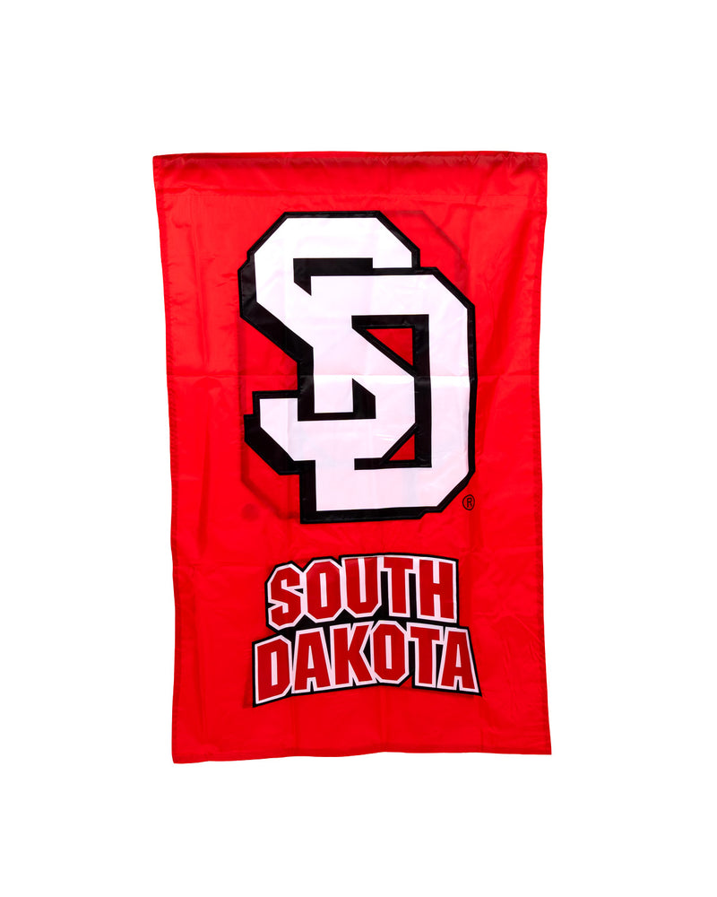 Red flag with white and black SD logo and text below that says, 'SOUTH DAKOTA'
