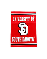 Red garden sized flag with black stripe and white text that says, 'UNIVERSITY OF SOUTH DAKOTA' with the SD logo in the middle.
