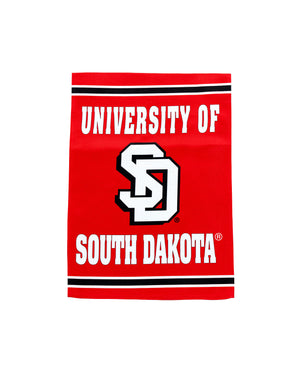
                
                    Load image into Gallery viewer, Red garden sized flag with black stripe and white text that says, &amp;#39;UNIVERSITY OF SOUTH DAKOTA&amp;#39; with the SD logo in the middle.
                
            