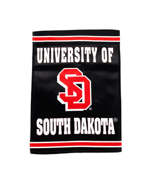 Black garden sized flag with red stripe and white text that says, 'UNIVERSITY OF SOUTH DAKOTA' with the SD logo in the middle.