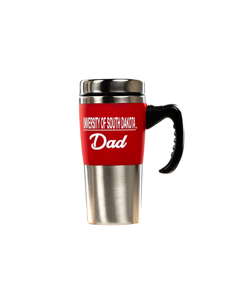Stainless steel tumbler with red band with white University of South Dakota Dad text
