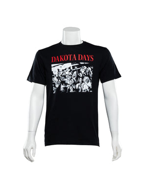
                
                    Load image into Gallery viewer, Black tee with large black and white photo of USD fans from decades ago with red text above that says, &amp;#39;DAKOTA DAYS.&amp;#39;
                
            