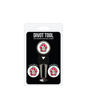 Black divot tool set with magnetic ball marker and two extra markers with SD Paw logo.