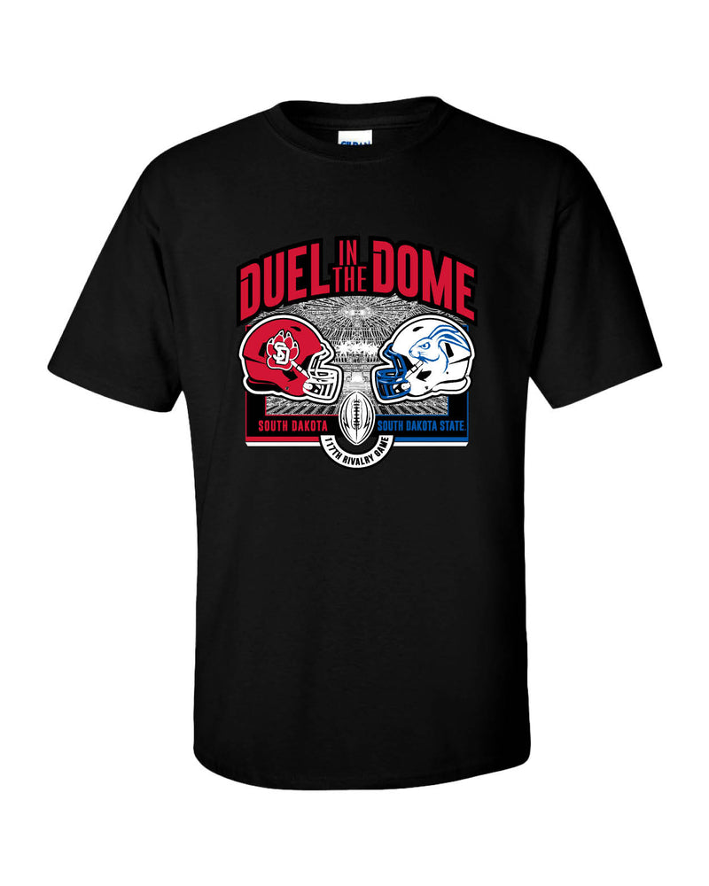 Black unisex tee with text, 'DUEL IN THE DOME SOUTH DAKOTA VS. SOUTH DAKOTA STATE 117TH RIVALRY GAME' and a USD football helmet and SDSU football helmet with the interior image of the Dome behind.