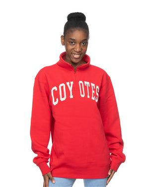 Young woman wearing the Zoozatz red quarter zip with white, 'COYOTES' across chest.