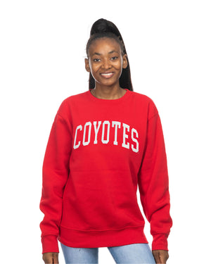 Young woman wearing the Zoozatz red crew with white, 'COYOTES,' across chest.