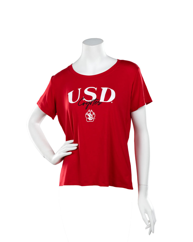 Red short sleeve tee with white USD and black Coyotes lettering on chest with SD paw 