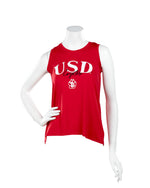 Red tank top with white USD and black Coyotes lettering on chest and SD paw 