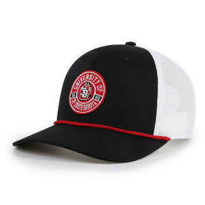 Black hat with white mesh back and red patch on front with black and white details, 'UNIVERSITY OF SOUTH DAKOTA 1862,' and SD Paw logo in the middle. Red rope detailing at base of hat.