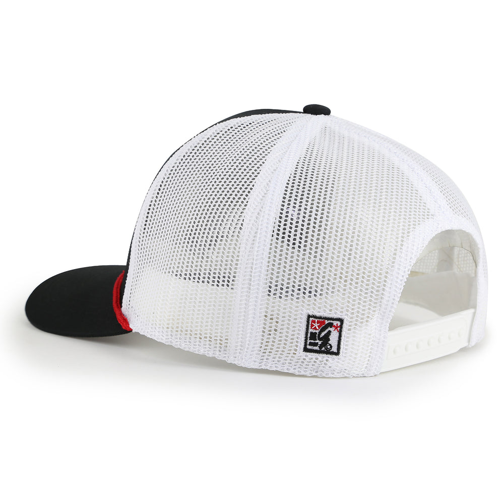 Side view of black hat with white mesh and snap.