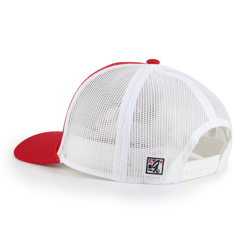 Side view of red hat with white mesh and back snap.