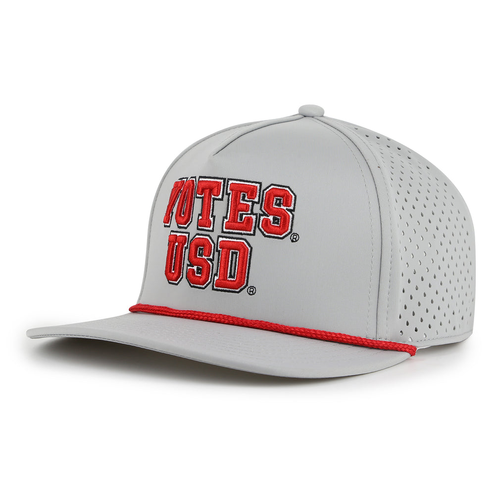 Light gray hat with mesh back and red embroidered text on front, 'YOTES USD,' with red rope detailing.