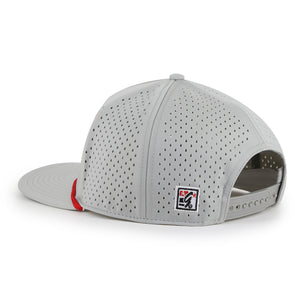 Side view of light gray hat with mesh back and snap back.