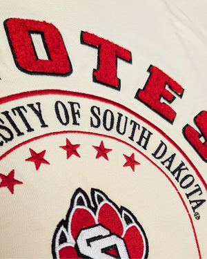 Up close detail of tee's decoration showing red chenille letters of 'COYOTES' with all other design and text embroidered.