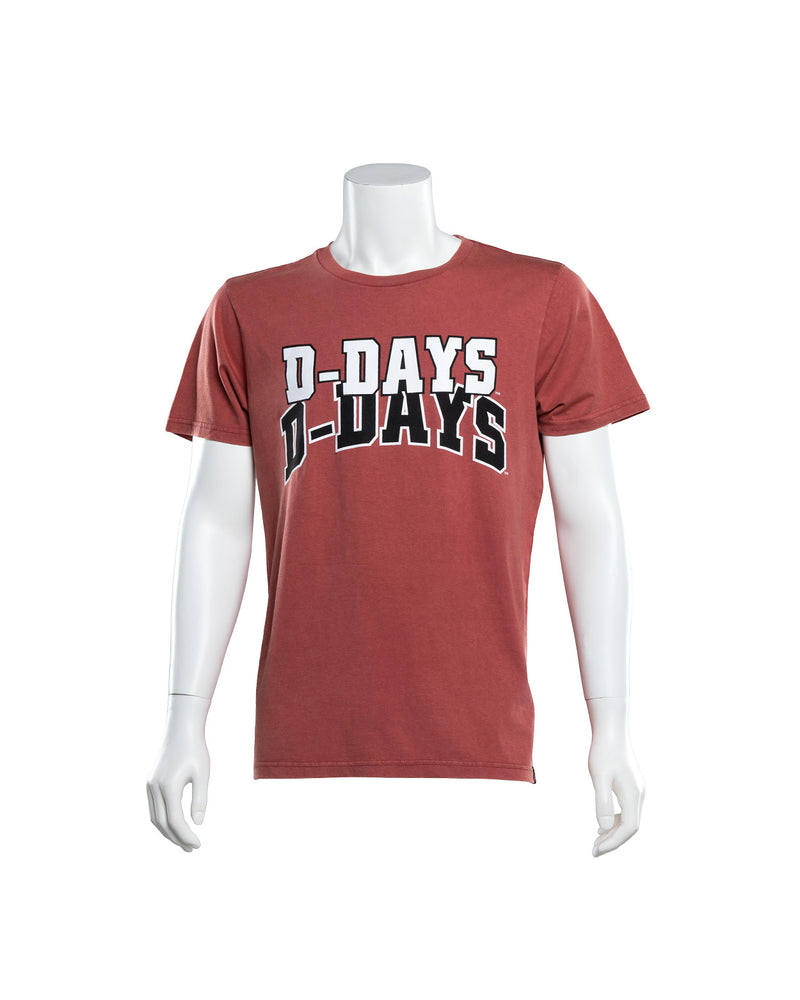 
                
                    Load image into Gallery viewer, Washed red tee with text that says, &amp;#39;D-DAYS D-DAYS&amp;#39; in white and black
                
            