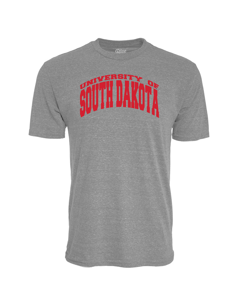 Gray tri-blend tee with red 'UNIVERSITY OF SOUTH DAKOTA' across chest. 