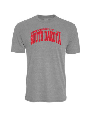 Gray tri-blend tee with red 'UNIVERSITY OF SOUTH DAKOTA' across chest. 