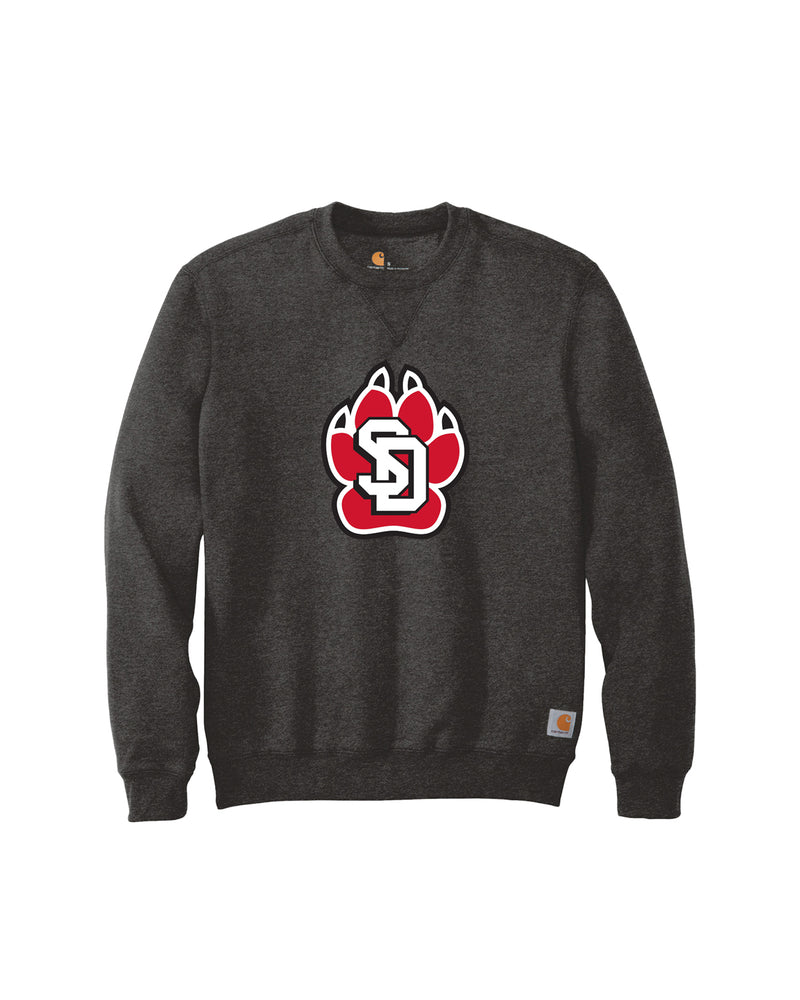 Dark gray Carhartt crew with large SD Paw logo in red, white and black across chest.