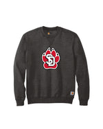 Dark gray Carhartt crew with large SD Paw logo in red, white and black across chest.