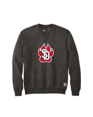 Dark gray Carhartt crew with large SD Paw logo in red, white and black across chest.