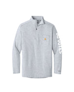 Light gray Carhartt quarter zip with white 'GO YOTES' print down left sleeve.