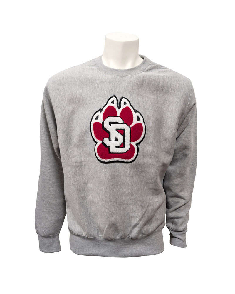 Gray crew with large chenille SD Paw logo on chest. 
