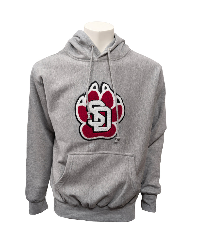 Gray hoodie with large chenille SD Paw logo on chest. 