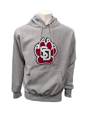 Gray hoodie with large chenille SD Paw logo on chest. 