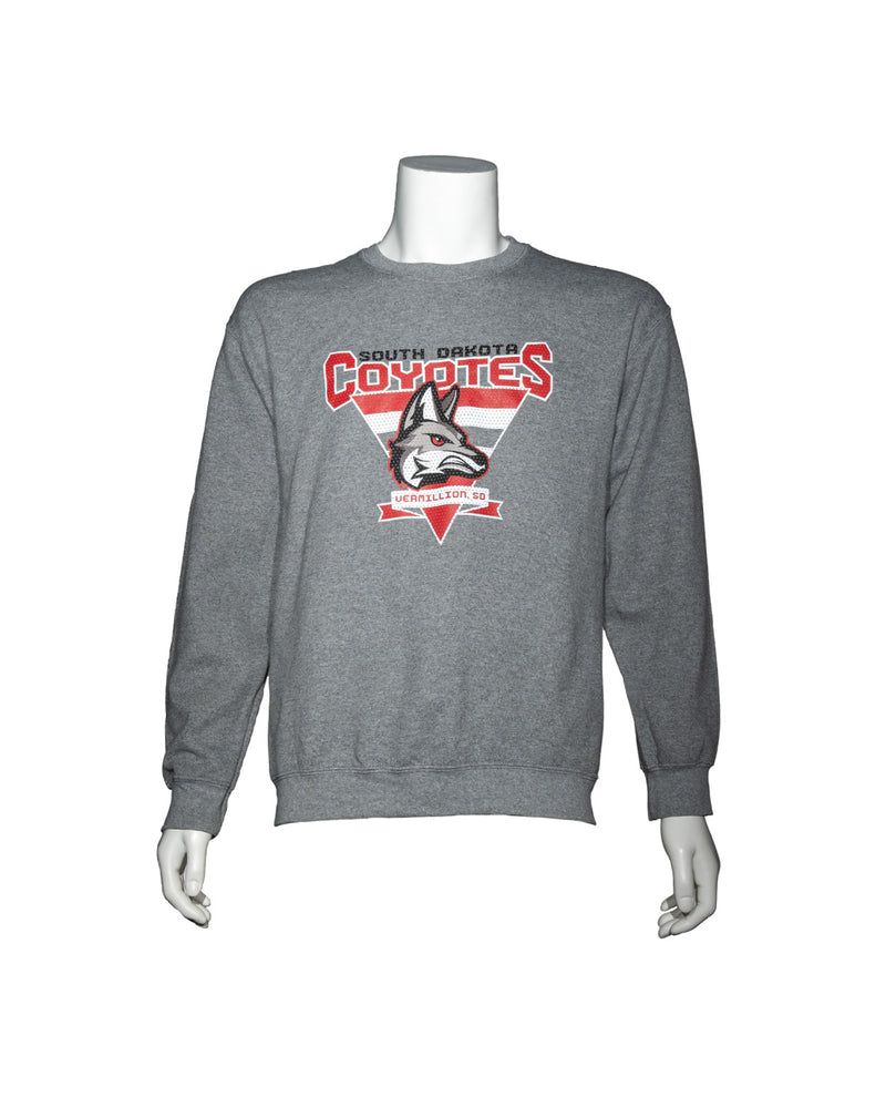 Gray crew sweatshirt with, ‘SOUTH DAKOTA COYOTES’ and new Coyote logo with upside down red and white triangle shape behind and banner below with, ‘VERMILLION, SD.’