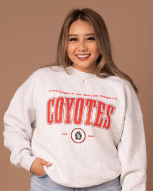 Person wearing a light gray sweatshirt with 'University of South Dakota Coyotes' text in red.