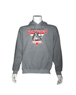 Gray hoodie with, ‘SOUTH DAKOTA COYOTES’ and new Coyote logo with upside down red and white triangle shape behind and banner below with, ‘VERMILLION, SD.’