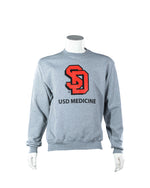 Gray heathered crew with large red and black SD logo and black text below, 'USD MEDICINE.'