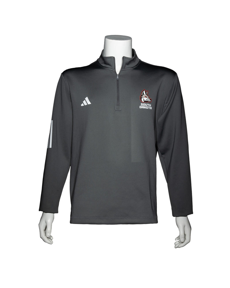 Gray Adidas Men’s half zip crew with three small white stripes on elbow area of sleeve, a white Adidas logo on upper right chest and full color new Coyote logo with white, ‘SOUTH DAKOTA,’ below on upper left chest.