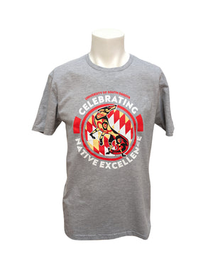 Gray short-sleeve tee with white, red and cream text and design that says, 'UNIVERSITY OF SOUTH DAKOTA CELEBRATING NATIVE EXCELLENCE.'