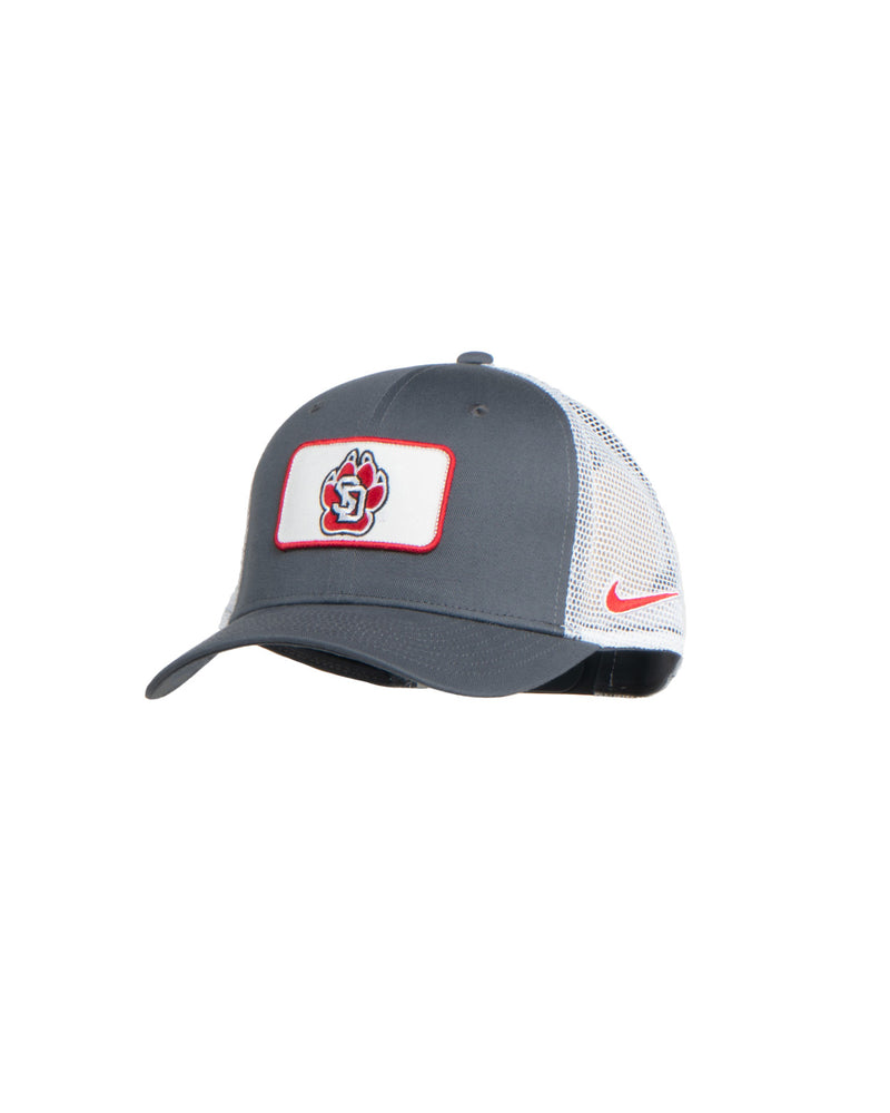 Gray Nike mesh trucker hat with white patch on front with the SD Paw logo