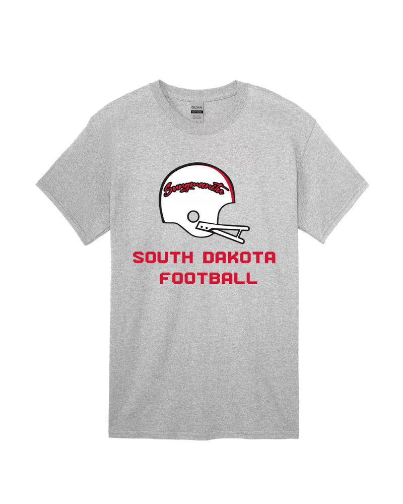 Gray tee with white football helmet with red word 'Sungmanitu' and red text below 'SOUTH DAKOTA FOOTBALL' across chest.